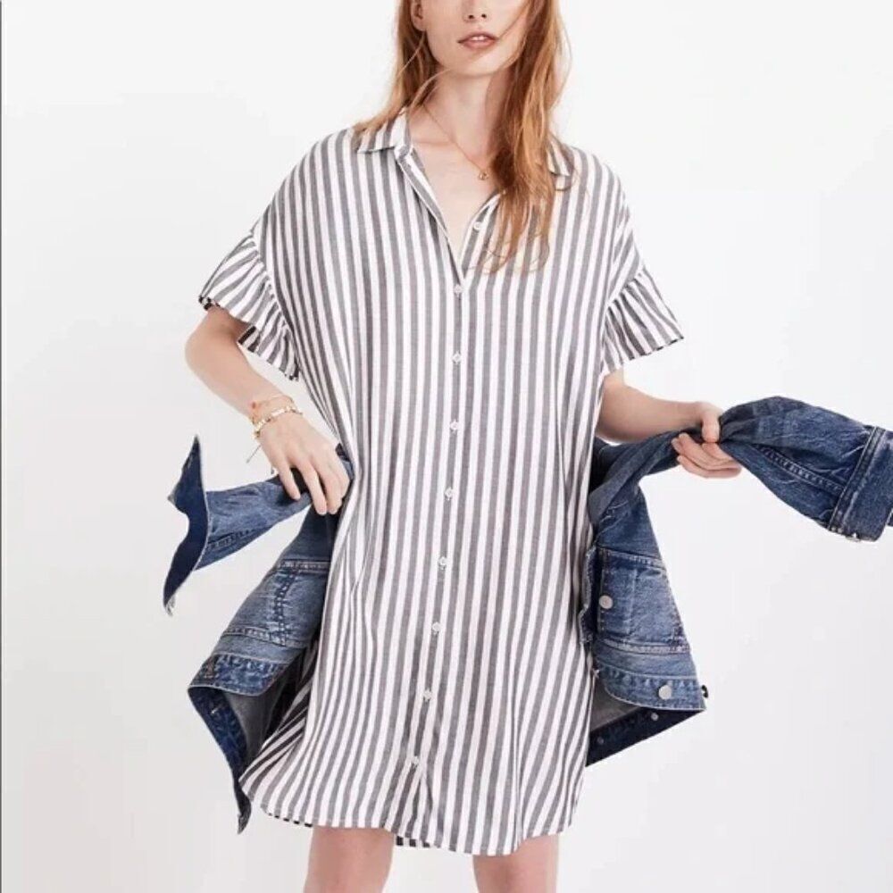 Madewell Striped Courier Ruffle Sleeve Button Up Dress XXS